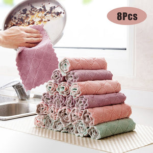 8PCS Microfiber Kitchen Towel Absorbent Dish Cloth Non-stick Oil Washing Kitchen Rag Household Tableware Cleaning Wiping Tools